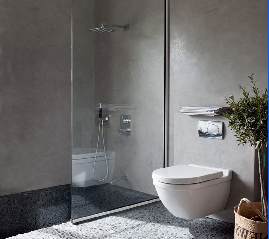 Microcementerad betong i badrum är både snyggt & funktionellt.
